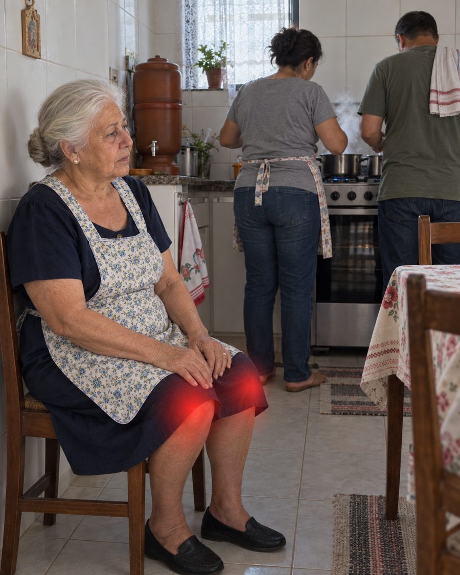 Senhora sentada, com a mão no joelho, olhando a família cozinhar