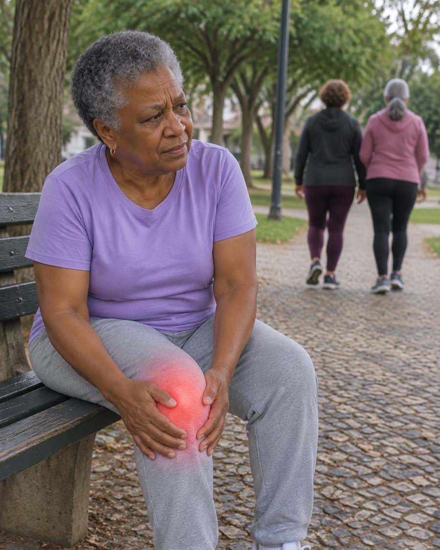 Senhora sentada no banco da praça com a mão no joelho